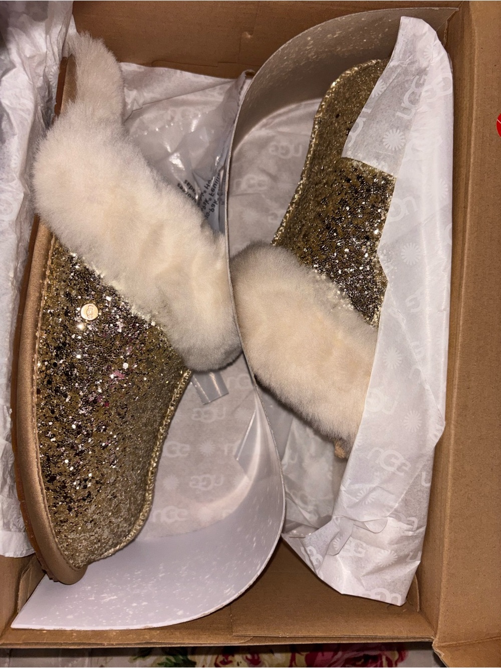 UGG Gold Glitter Shearling Slide Slippers